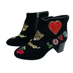 KATE SPADE Boots Liverpool Suede Ankle Love Cat‎ Meow Cherry Sequin Embellished